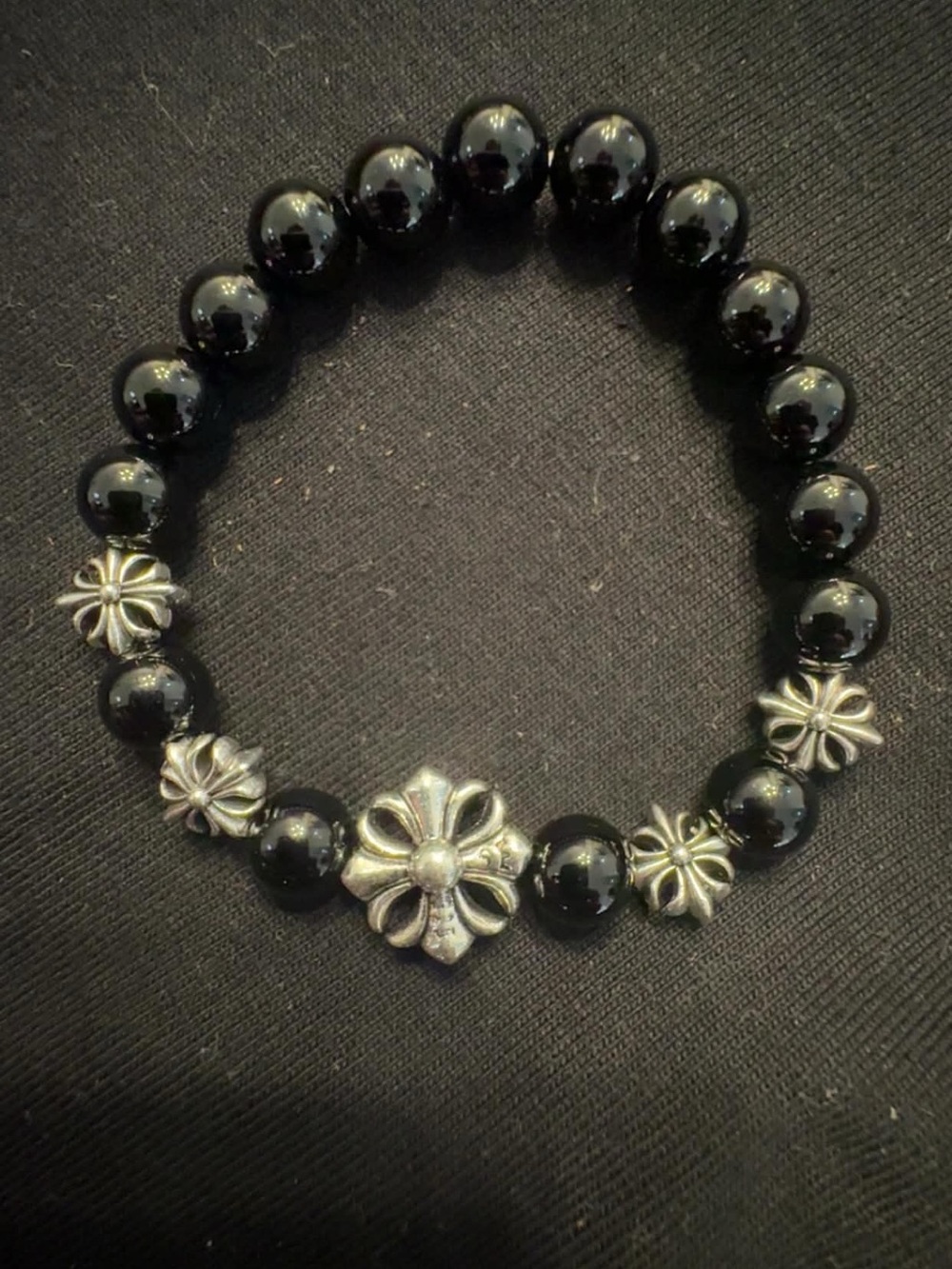 Chrome Hearts Black Beaded Flower Accent Bracelet